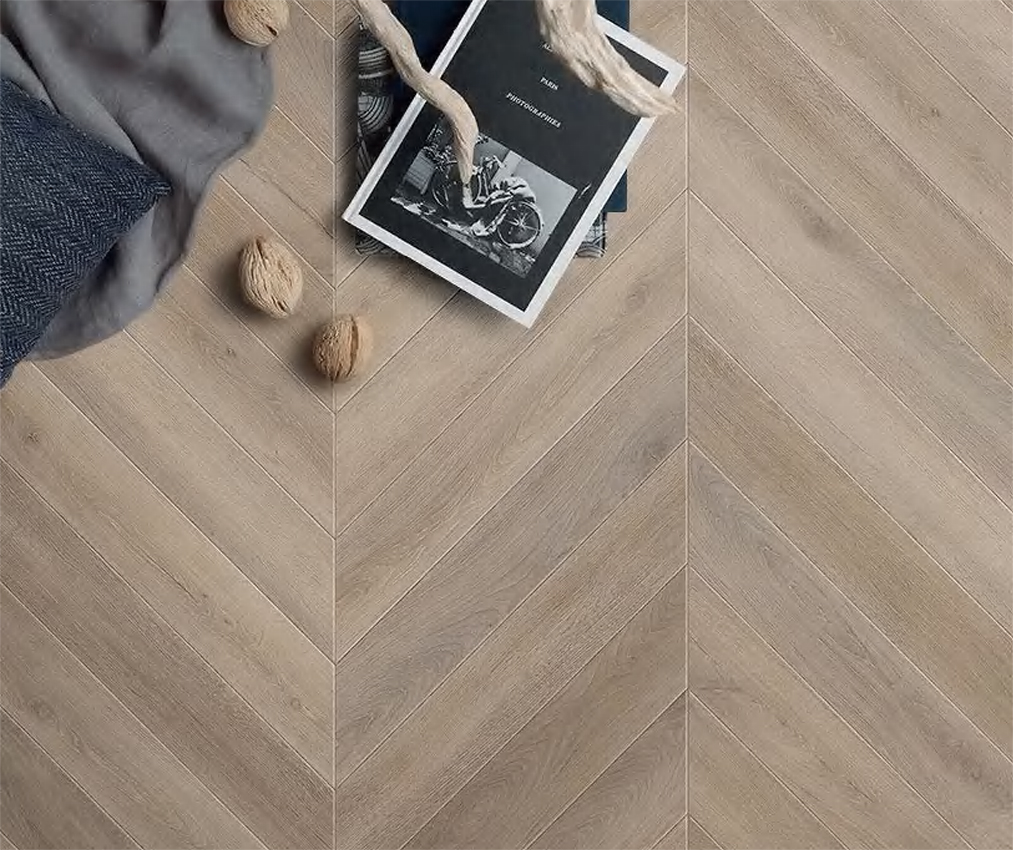Modern oak Chevron SPC flooring installation layout.